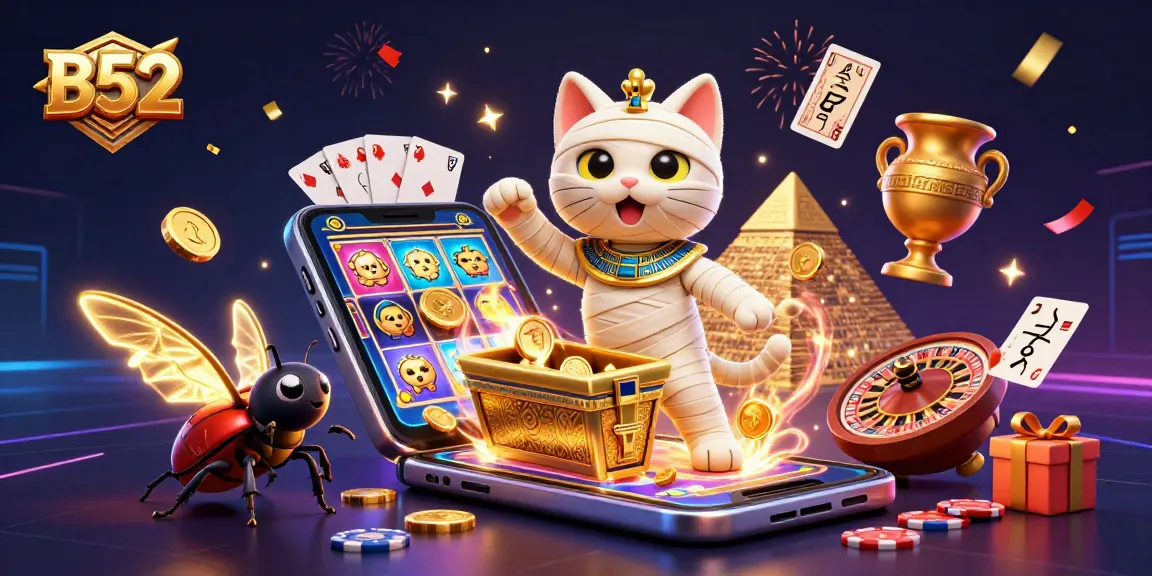Engage with B52 slots featuring a dynamic mummy cat bursting from a casino sarcophagus.
