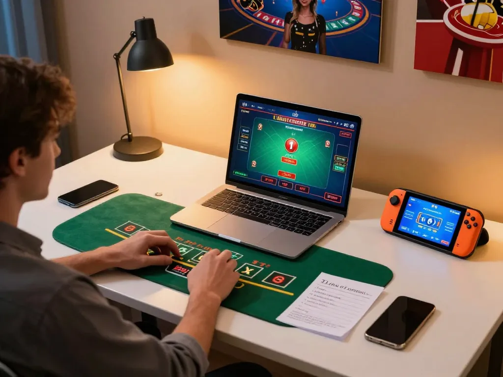Kuwin player engaging in live dealer blackjack on a laptop surrounded by strategic gaming notes.