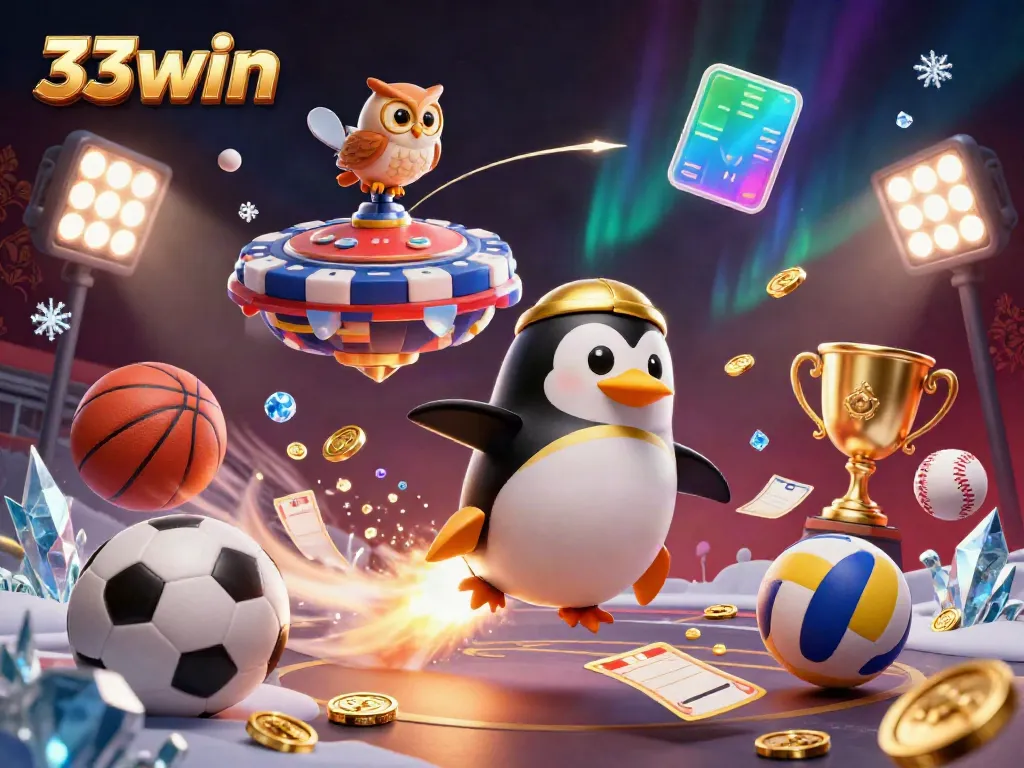 33win highlights engaging space-themed casino gaming with a penguin and poker chip.