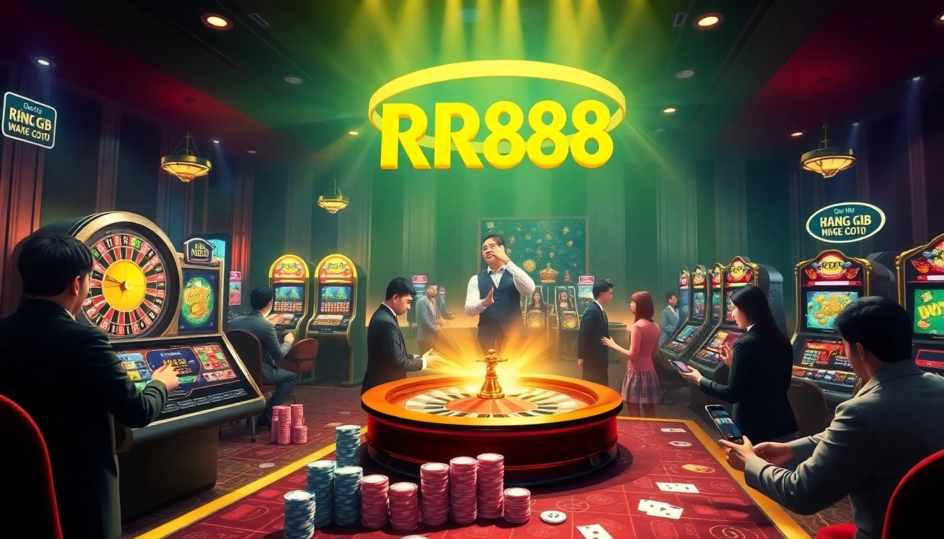 Experience excitement while đăng ký RR88 at a luxurious casino with roulette wheels and poker chips.