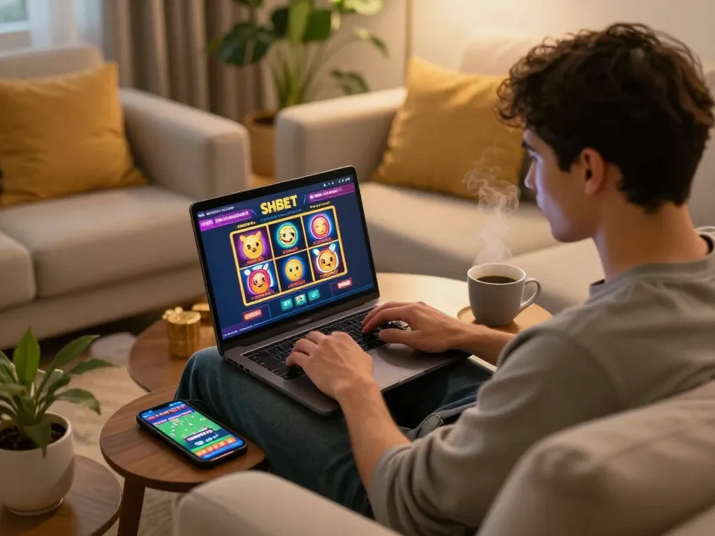 Engaged player exploring SHBET online casino on a laptop with vibrant slot games.