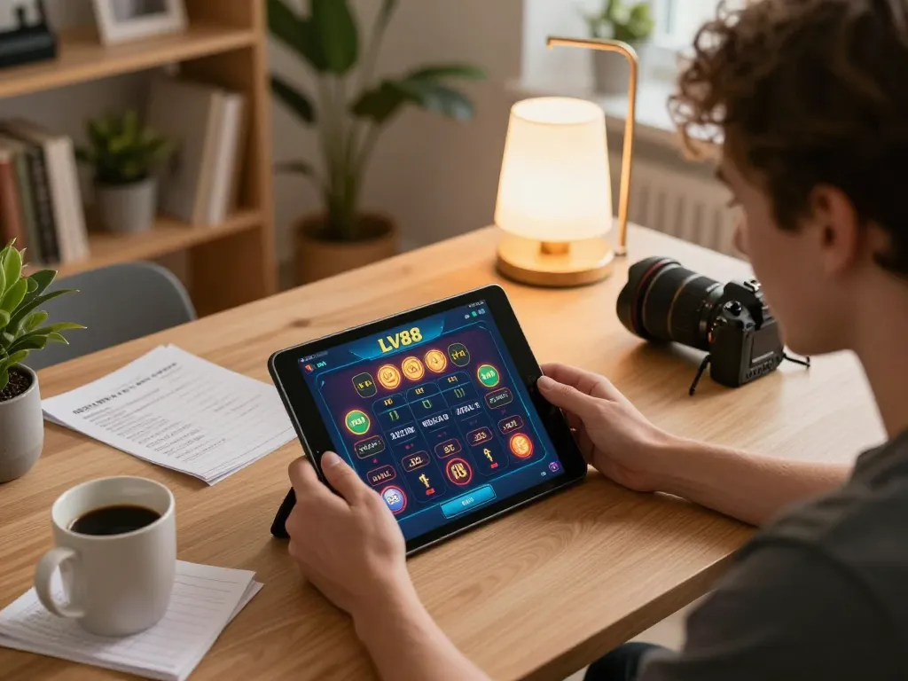 Player engaging with LV88 casino app on tablet while analyzing betting strategies at home