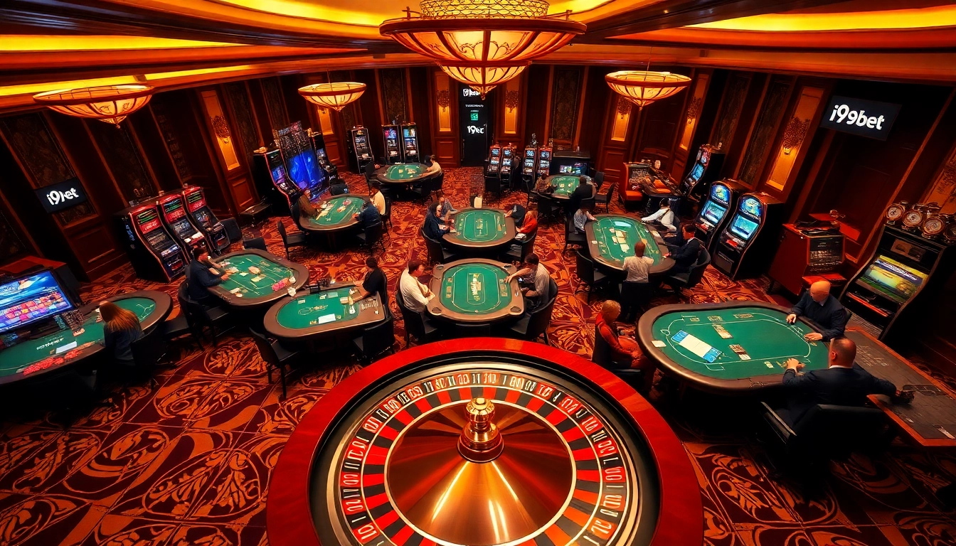 Poker players enjoying a high-stakes game at i9bet branded casino tables, with vibrant slot machines and a spinning roulette wheel.