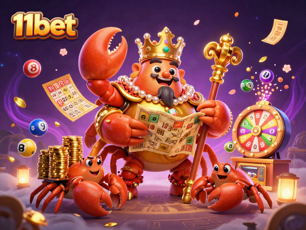 Experience the excitement of 11bet with a vibrant illustration showcasing a golden crab emperor among lottery elements.