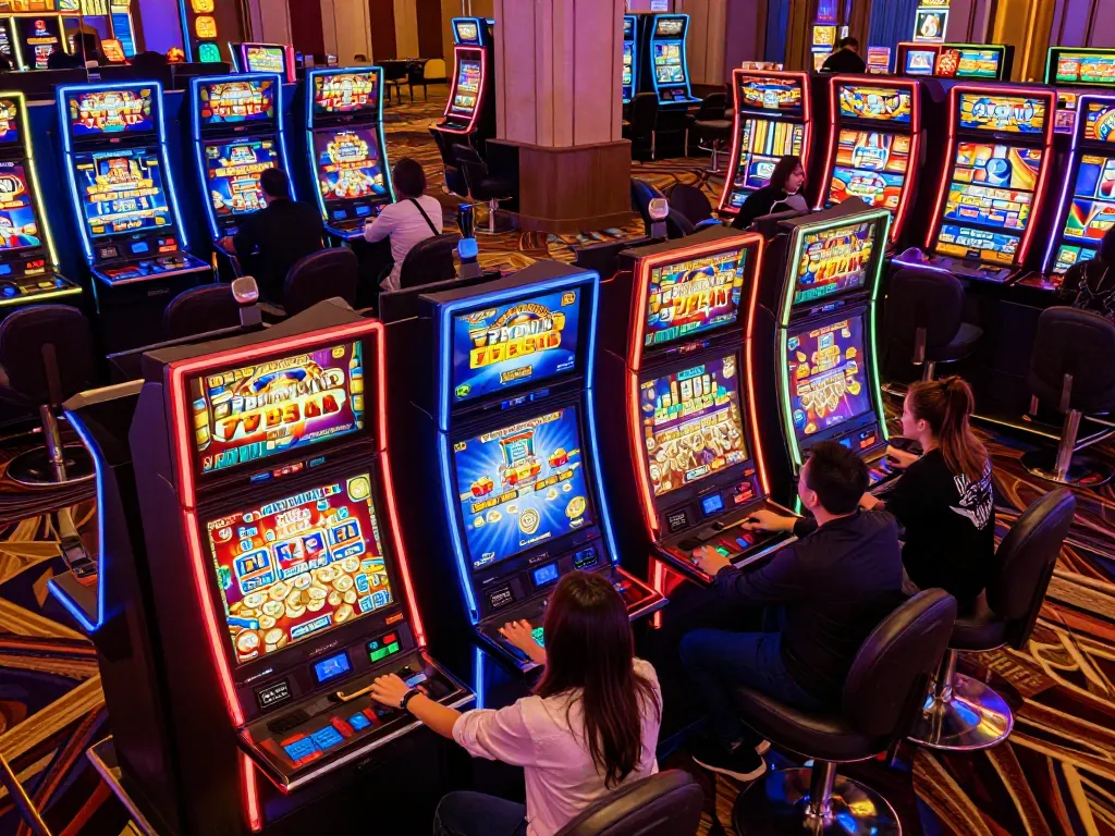 Players enjoying vibrant slot machines at 789win casino with exciting payouts and colorful displays