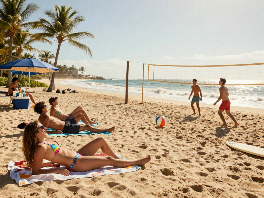 Group of friends enjoying BIKINISLOT at the beach, vibrant scene with colorful swimwear and ocean backdrop.