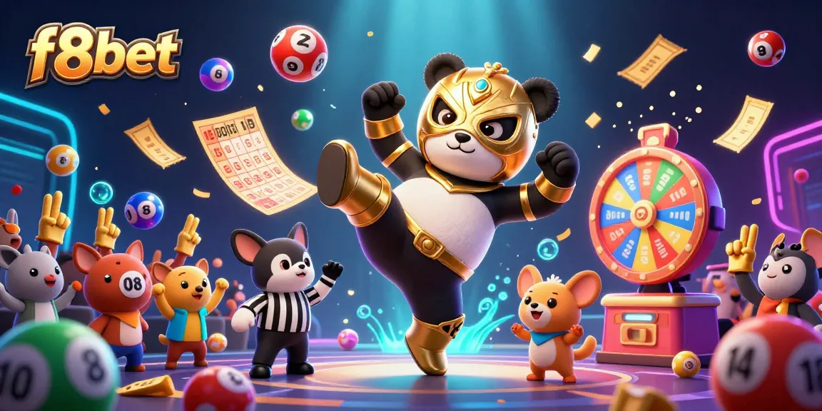 Witness the excitement of f8bet with a vibrant scene of lively gambling elements and characters.