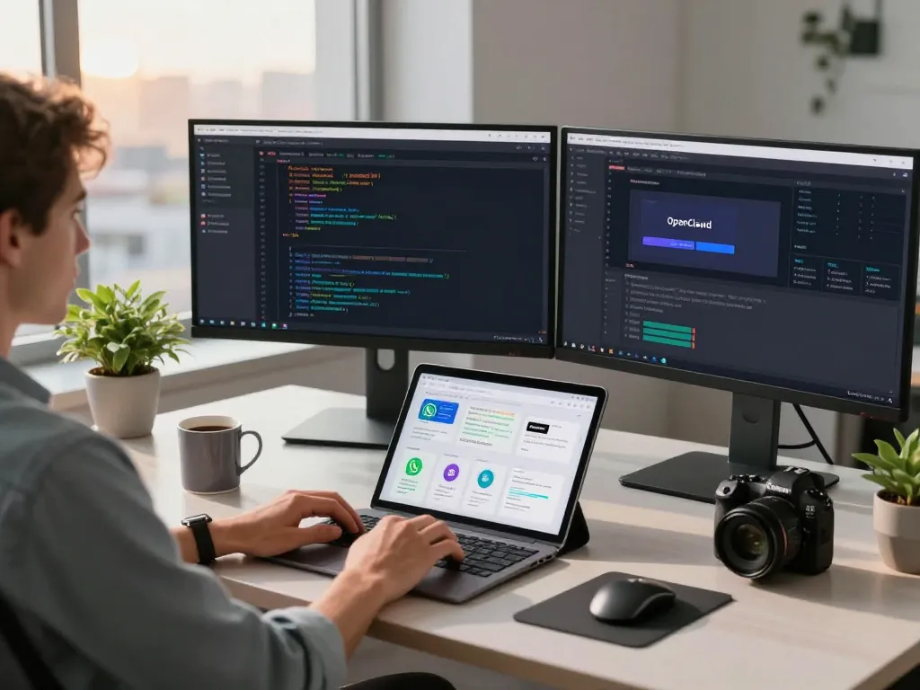 OpenClawd workspace setup showcasing personal AI development with multiple monitors, coding, and communication tools.