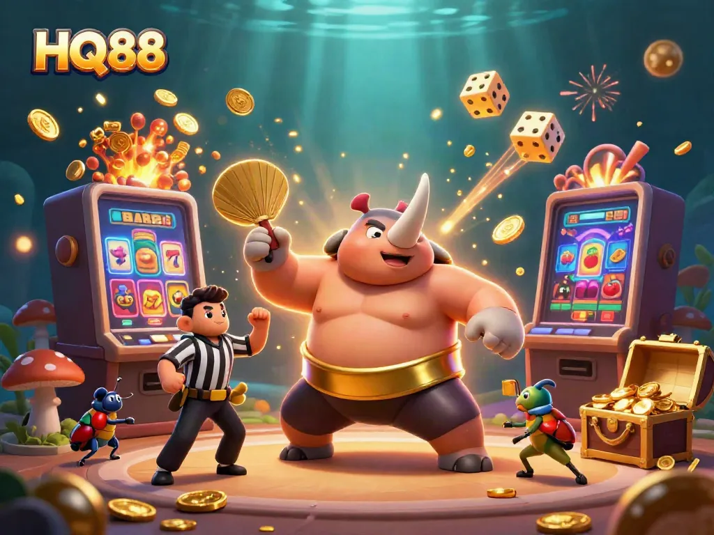 Engage with HQ88's exciting gaming world featuring vibrant slot machines and playful beetle champions.