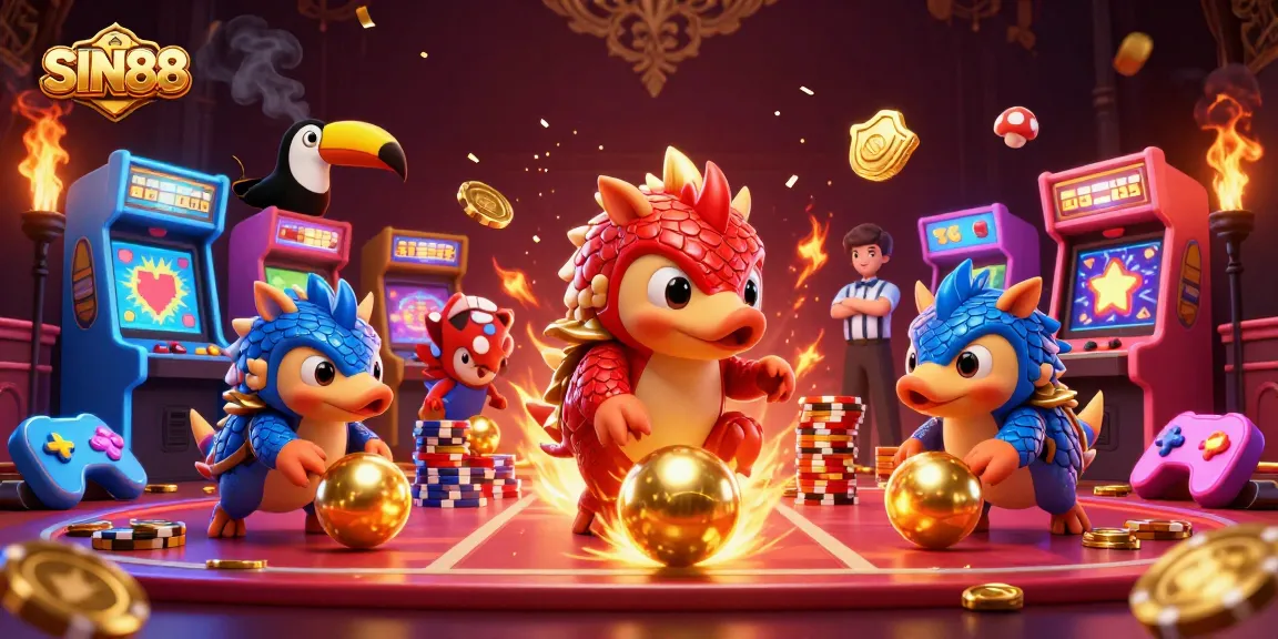 SIN88 pangolins compete in a vibrant casino scene, rolling poker chips and golden balls.