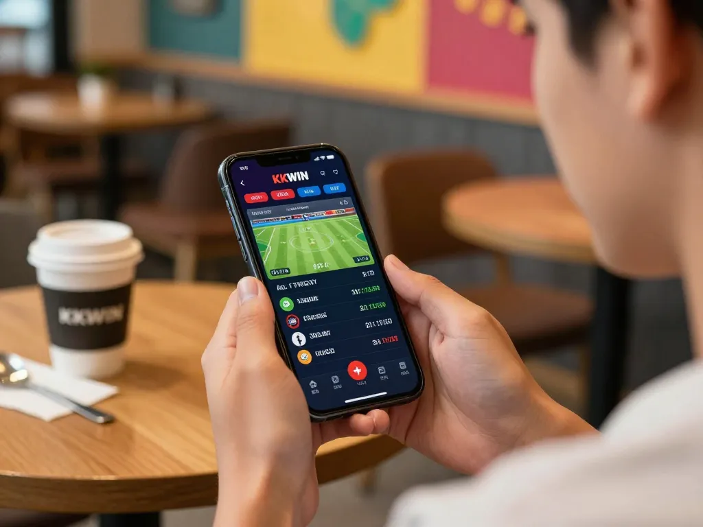 Player engaging with the KKWIN app for exciting online betting in a modern cafe.