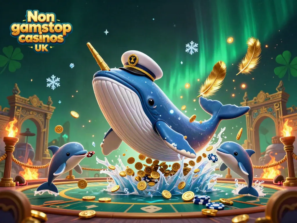 Experience excitement at Non gamstop casinos UK with vibrant 3D characters playing around coins and poker chips.