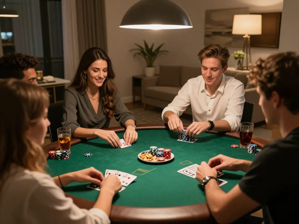 Friends enjoying a poker night at home with PG88, celebrating wins around the table.