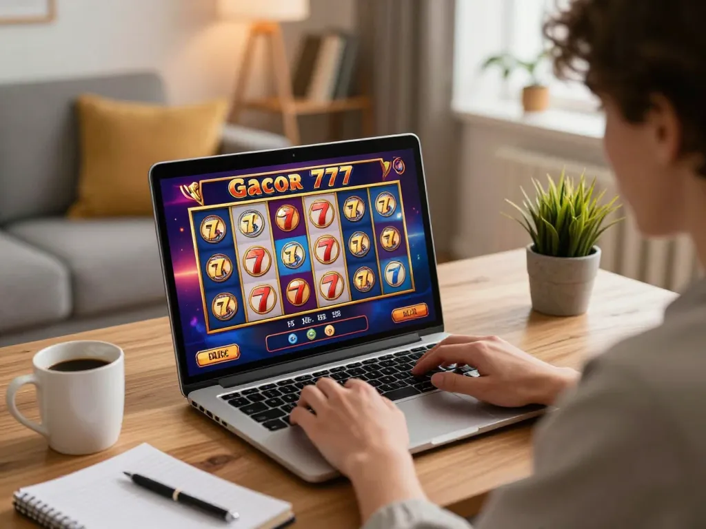 Playing slot gacor 777 on laptop at home while enjoying relaxed atmosphere