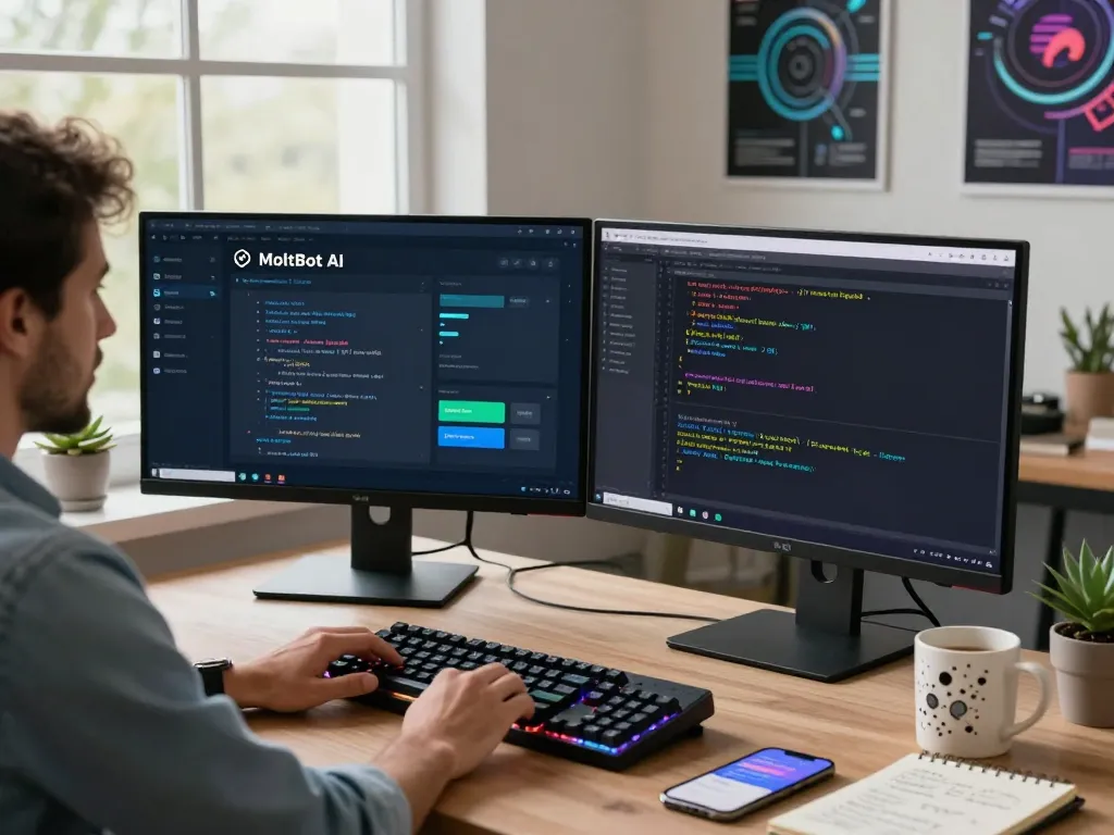 Developer using MoltBot AI in a modern workspace with dual monitors and task automation tools.
