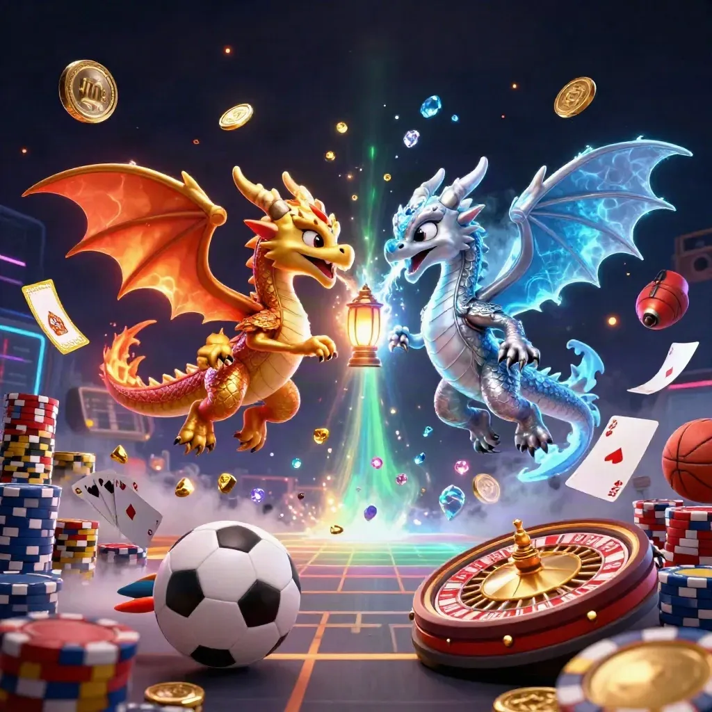 Twin gold and silver dragons spiral with casino icons, coins, and neon light on a dark grid