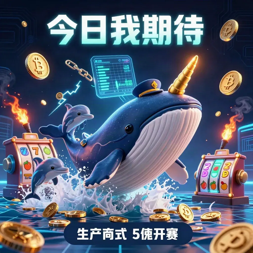 Whale captain, narwhal, and dolphins burst through coins with neon casino effects and glowing crypto symbols.