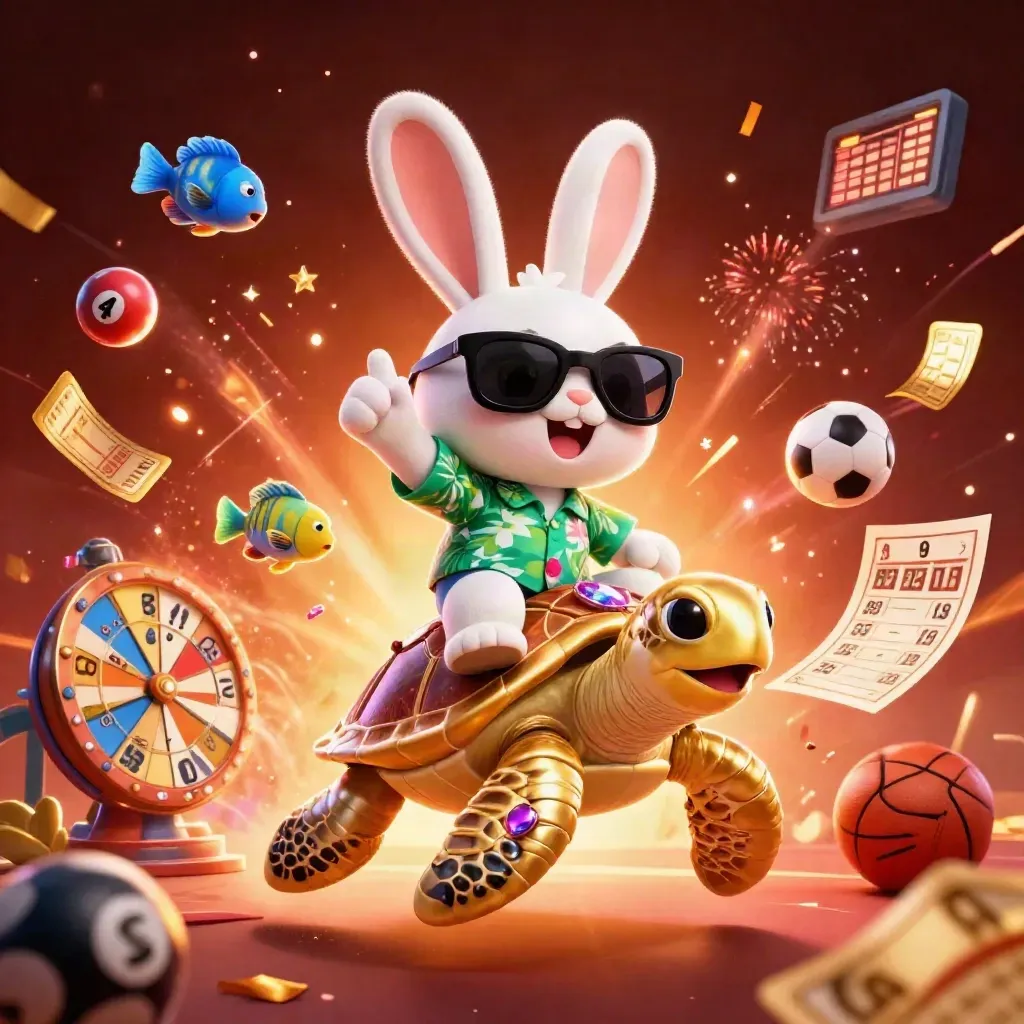 Lucky rabbit rides a golden sea turtle amid casino balls, fireworks, confetti and neon glow.