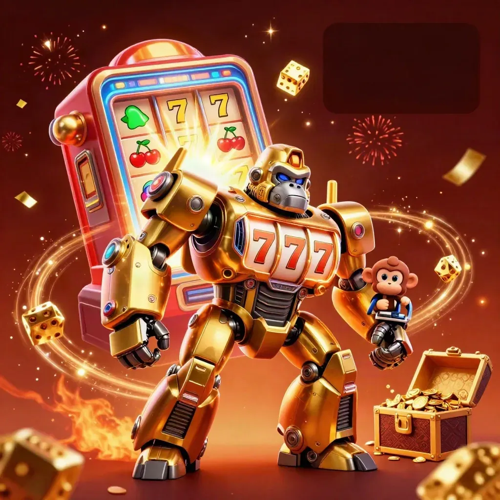 Golden gorilla mech with reels, jackpot burst, dice, treasure and neon casino energy.