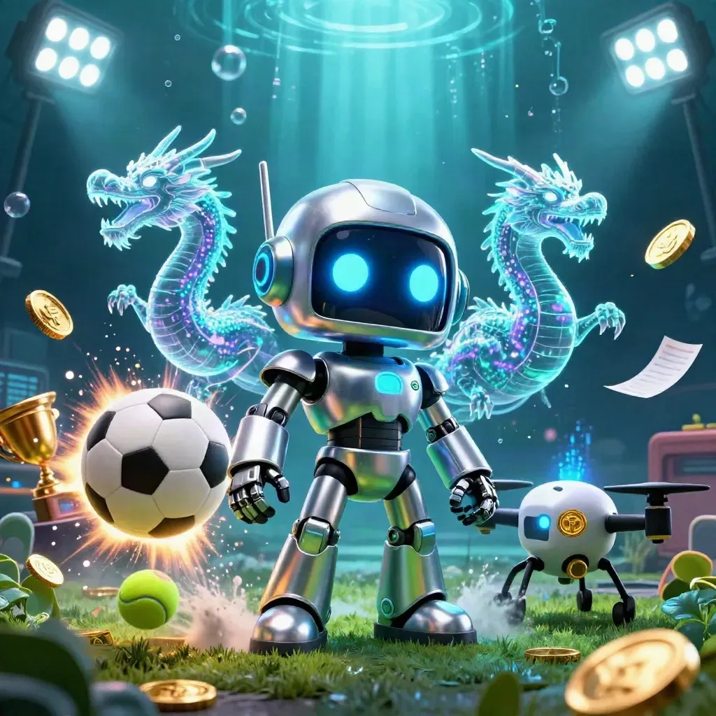 Cyberpunk robot, holographic dragon and drone amid flying sports balls, coins and blue-gold light