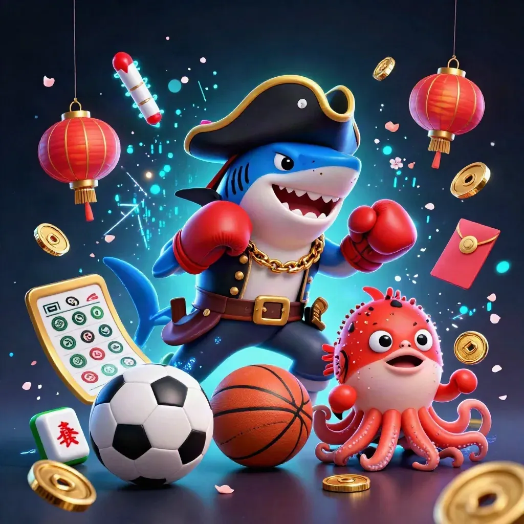 Pirate shark, boxing pufferfish and coin-juggling octopus in neon casino chaos.