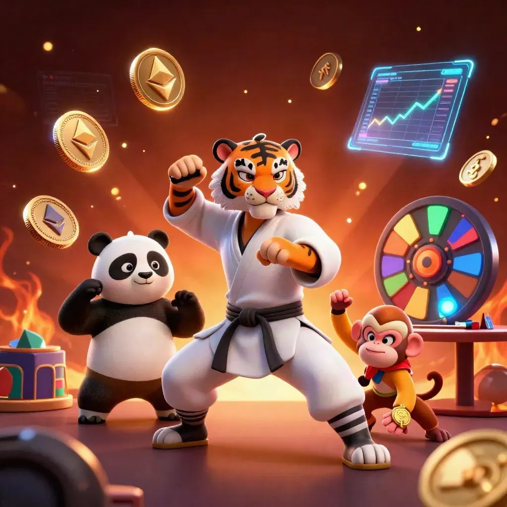 Kung-fu tiger, panda, and monkey amid casino lights, crypto coins, roulette, and a glowing table.
