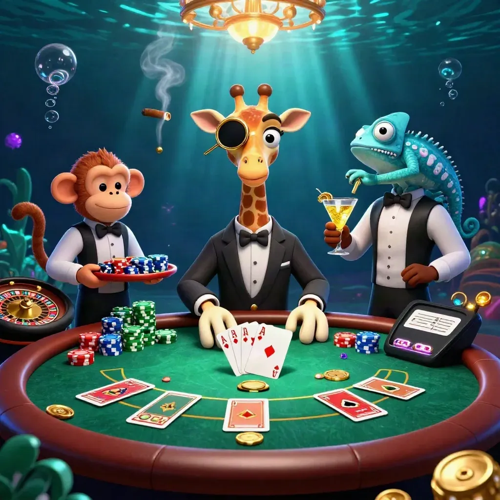 Giraffe, monkey, and chameleon at a luxe casino table with chips, cards, and underwater glow.