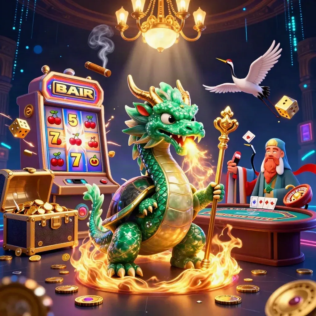 Dragon, turtle sage, and cranes amid casino magic, slot burst, roulette spin, gold, and neon lights.
