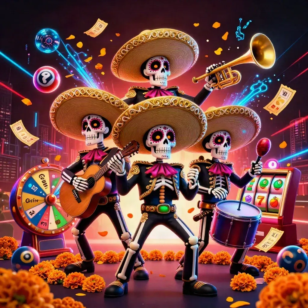 Day-of-the-Dead mariachi skeleton trio amid casino bursts, lottery balls, and neon blue energy