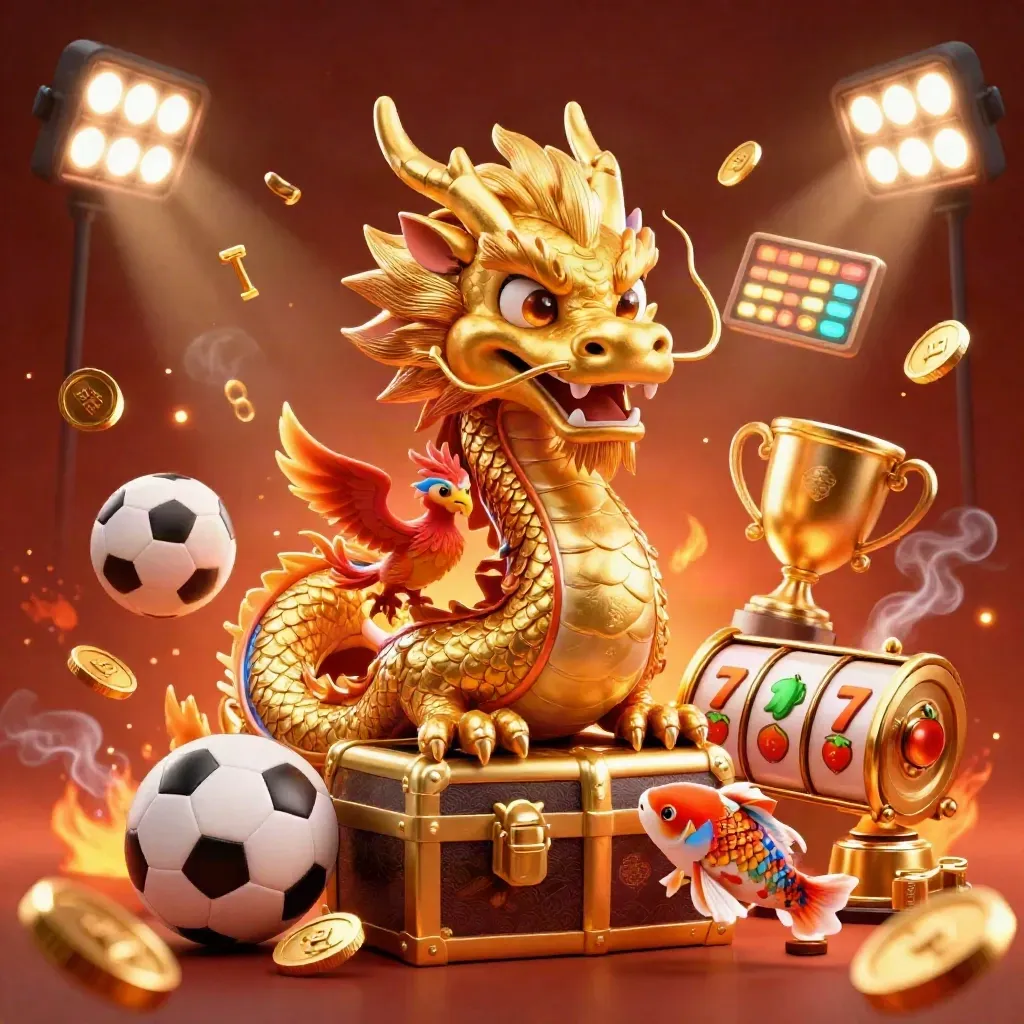 Golden dragon, phoenix and koi explode with sports and casino symbols over ember-lit dark crimson.