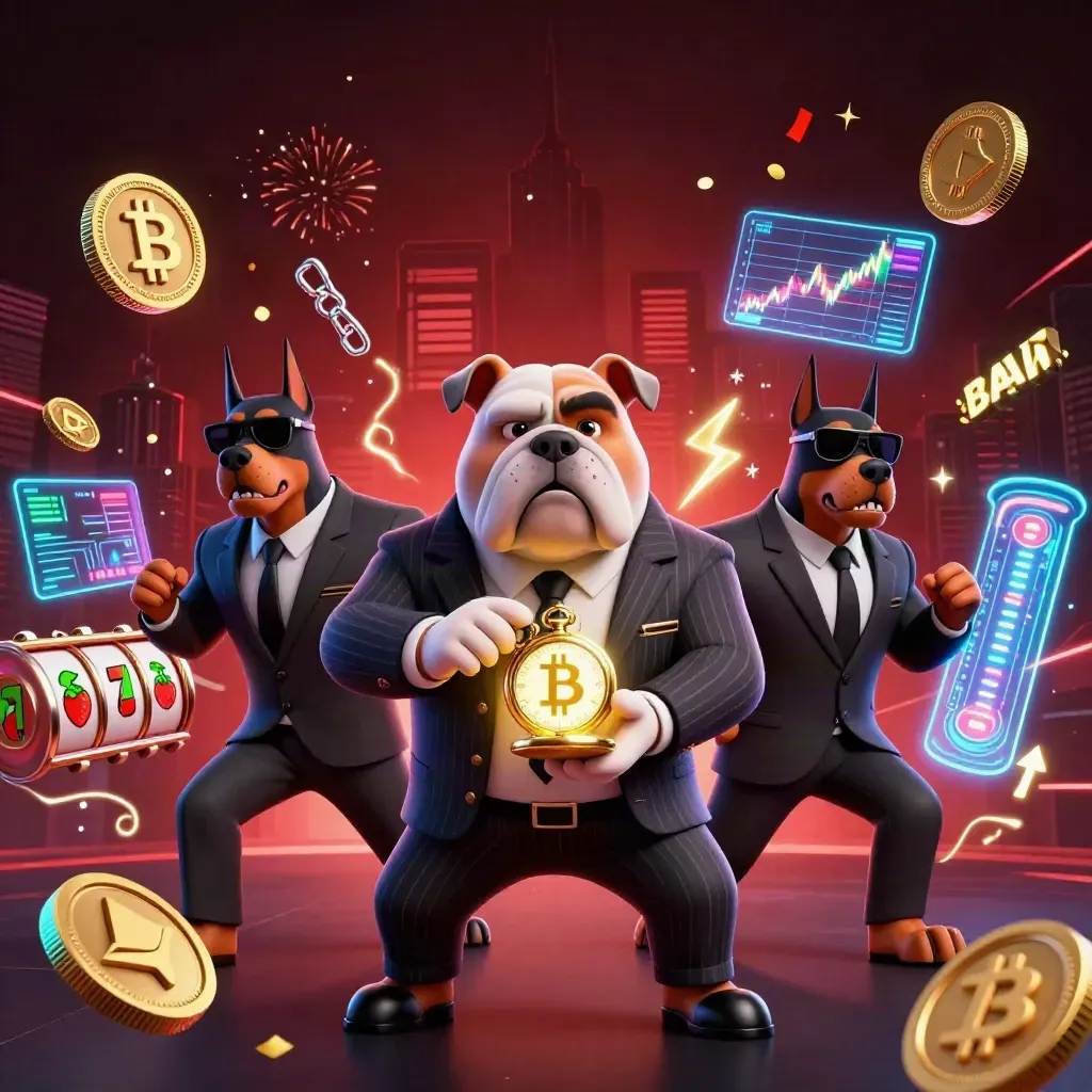 Bulldog mafia boss and two Dobermans amid crypto coins, neon effects, and casino chaos.