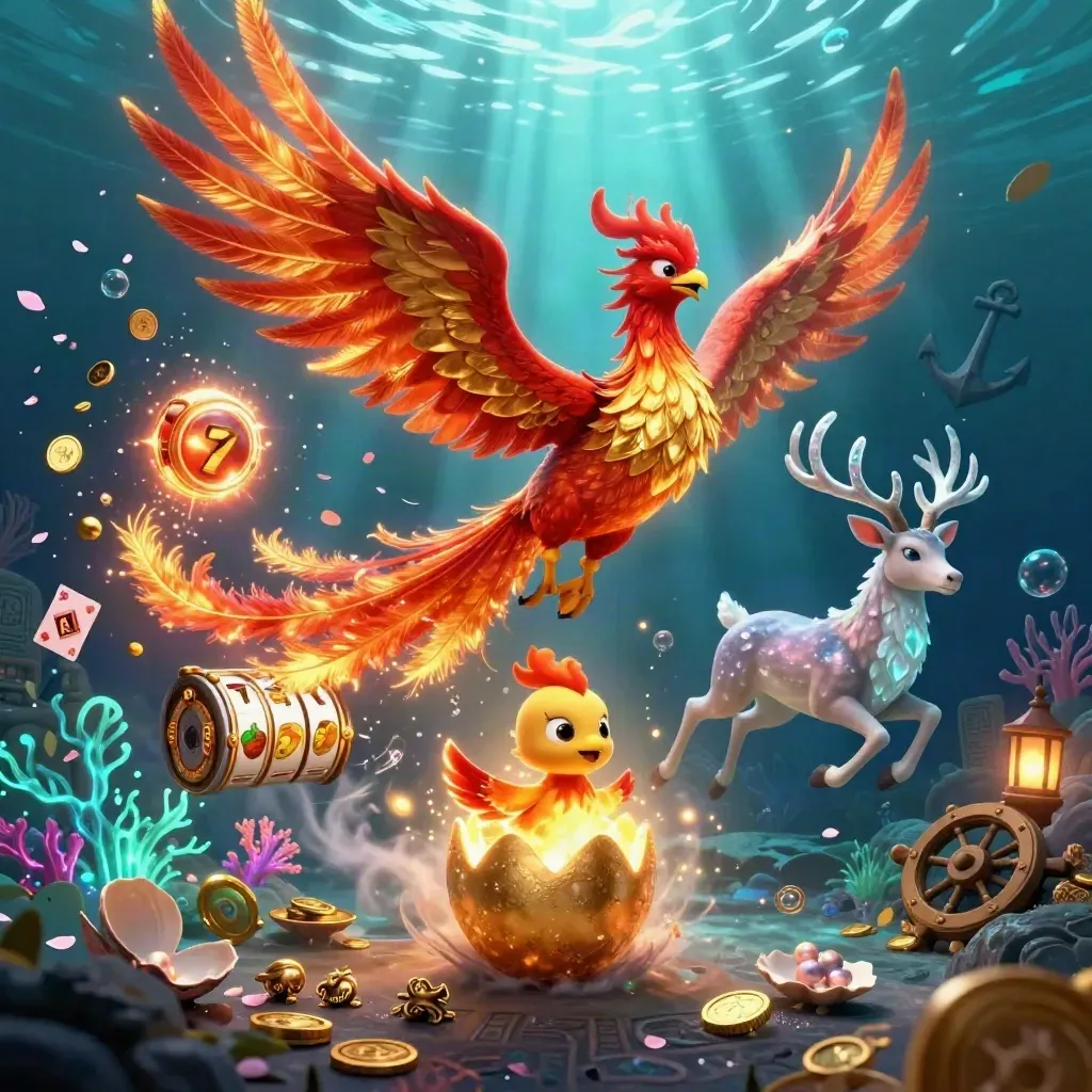 Fire phoenix, baby phoenix, and crystal-antler stag amid underwater treasure, coins, coral, and glowing reels.