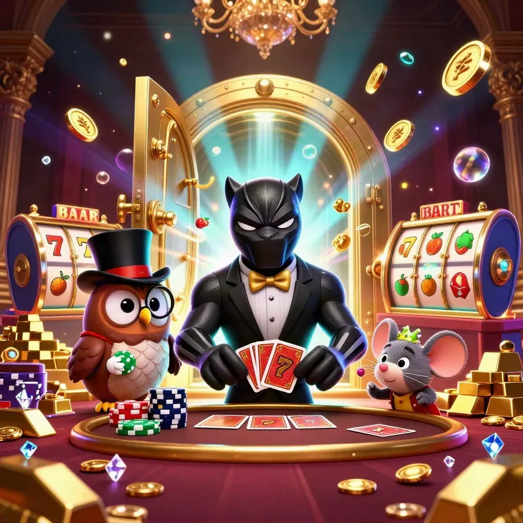 Panther, owl and mouse celebrate a vault burst with gold, gems and neon casino glow.