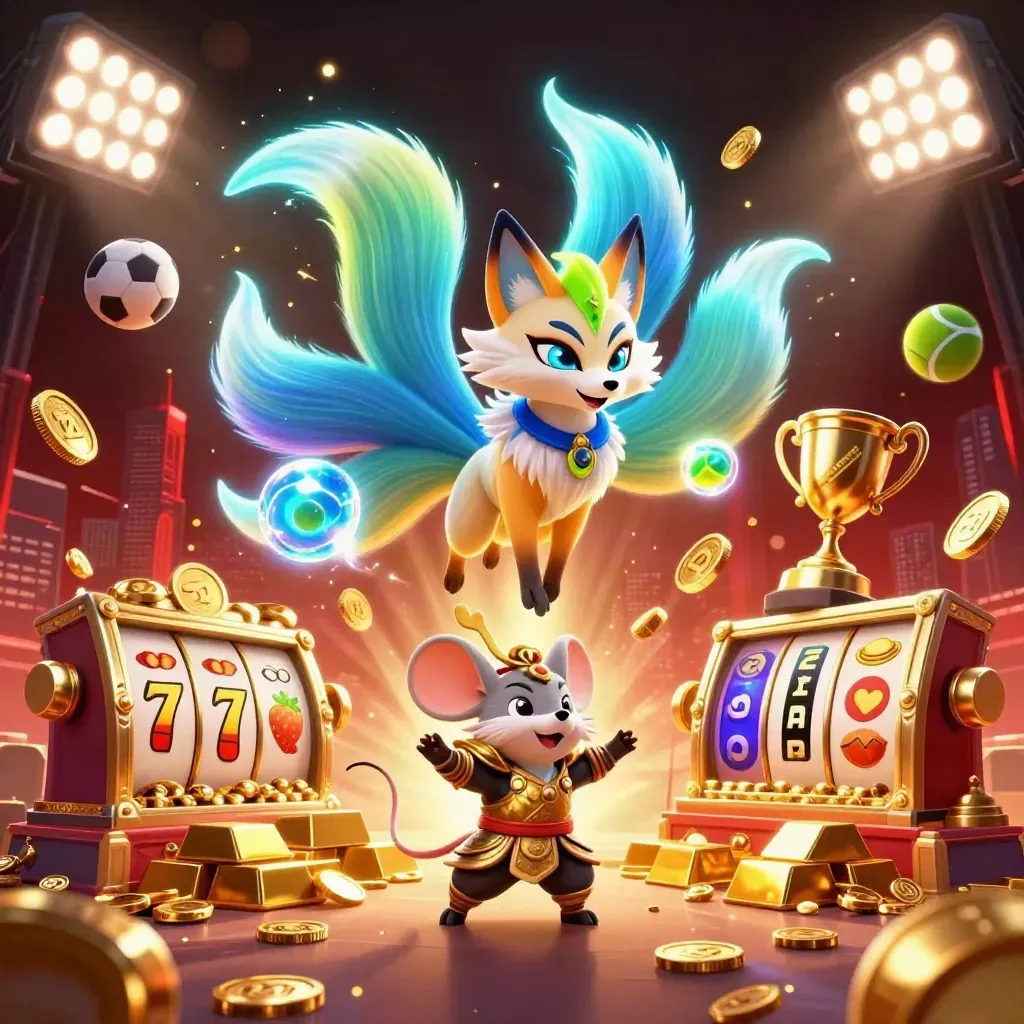 Fox spirit and samurai mouse amid coins, trophy, sports balls, and neon casino effects.
