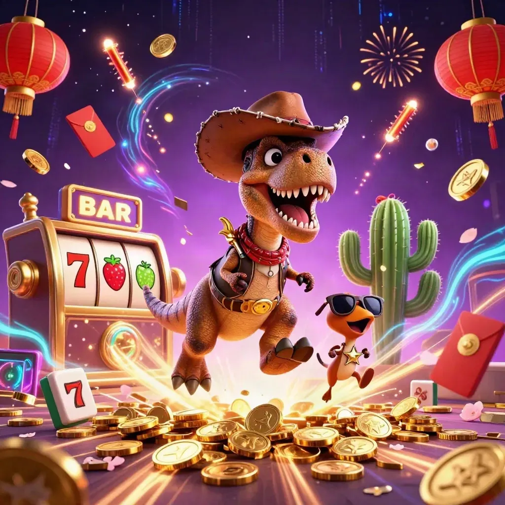 Cowboy T-Rex, cactus, and roadrunner amid gold coins, slot symbols, and neon casino fireworks.