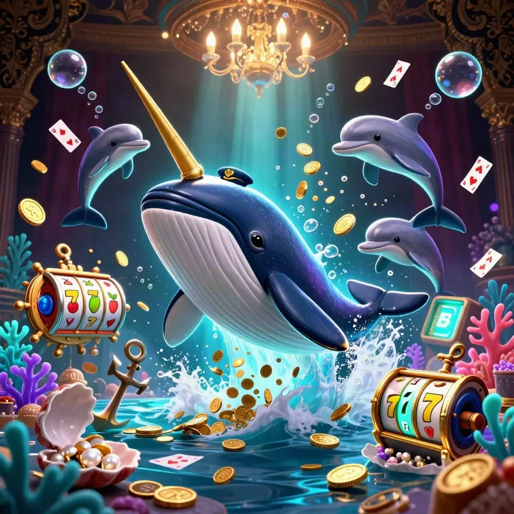 Whale captain, narwhal, and dolphins burst through coins with glowing slot icons in a dark luxe ocean scene.