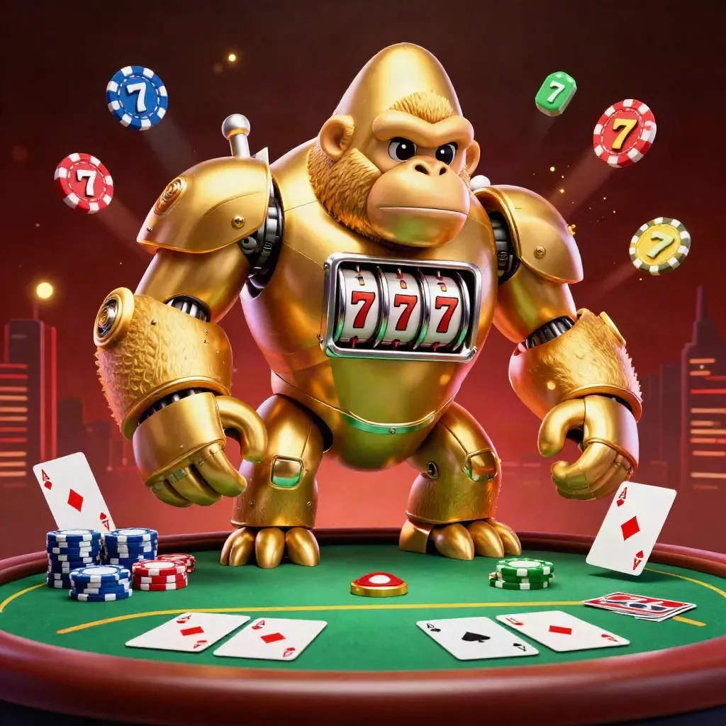 Golden gorilla slot mech with monkey pilot amid poker chips, reels, and neon casino glow.