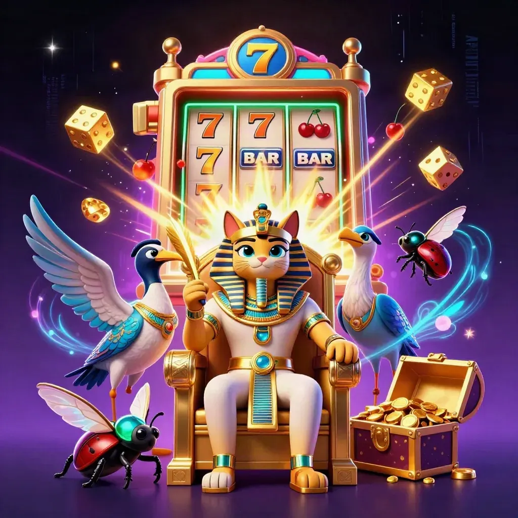 Pharaoh cat, ibis scribe and scarabs around exploding slot machine in neon casino art.