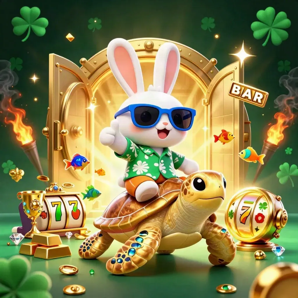 Lucky rabbit rides a gold sea turtle amid treasure, reels, gems, and glowing casino effects.