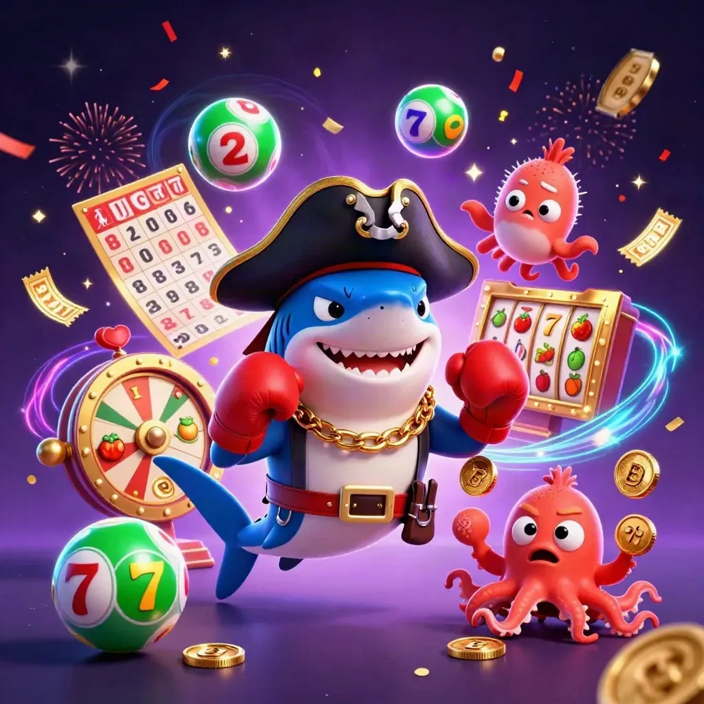 Pirate shark, boxing pufferfish and coin-juggling octopus amid casino effects on a neon dark background.