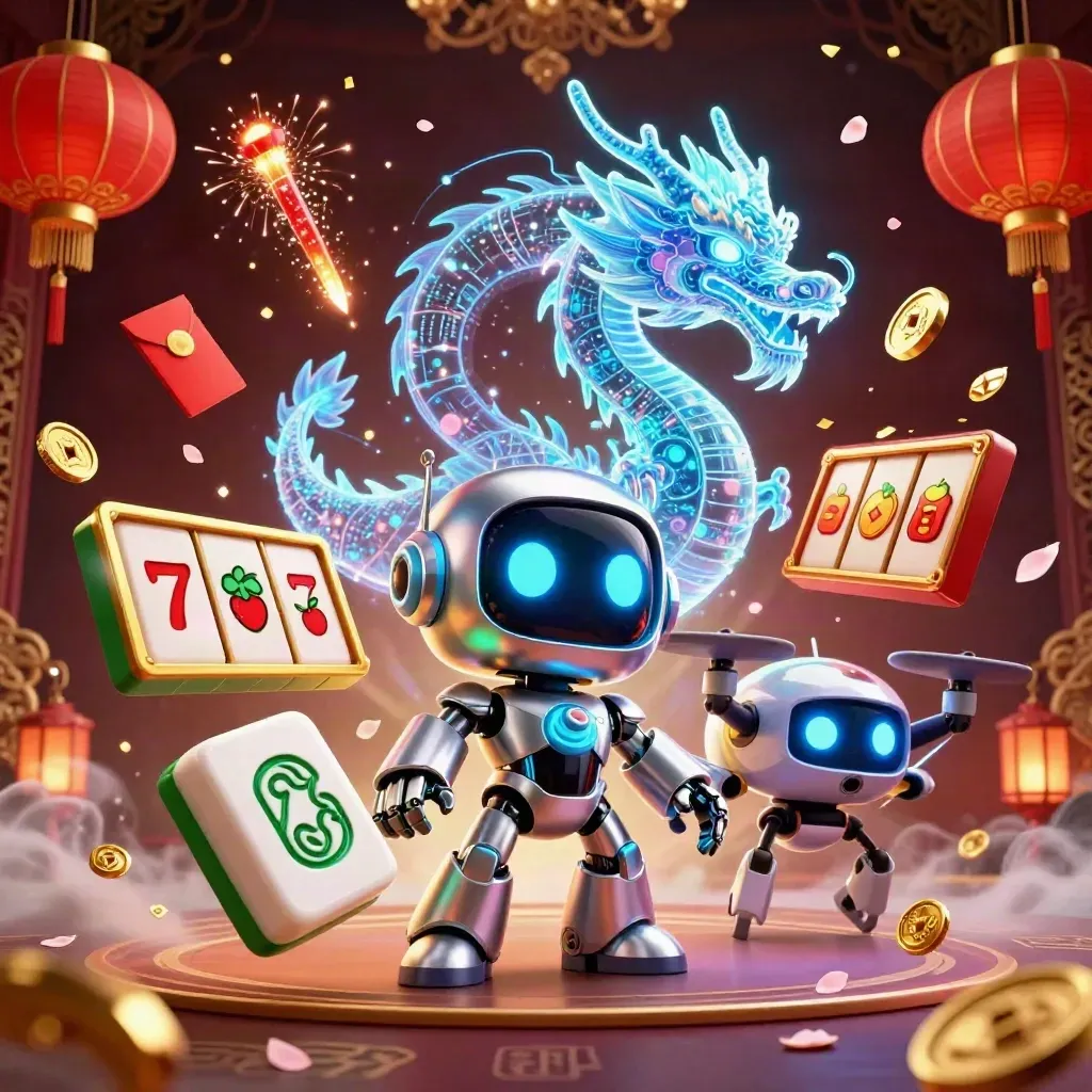 Cyberpunk robot, holographic dragon and coin drone amid casino symbols and gold sparks.