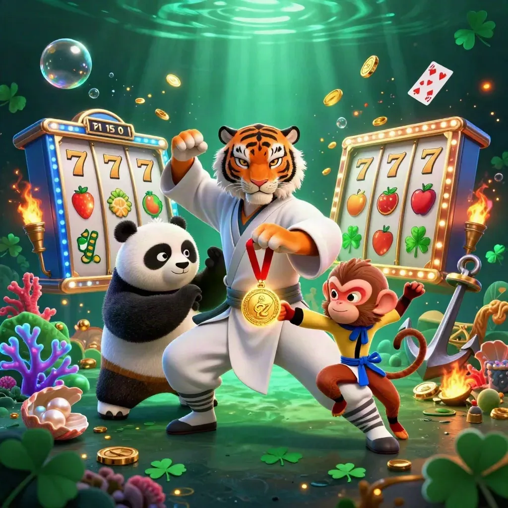 Tiger, panda and monkey in a gold medal treasure cove with neon casino effects.