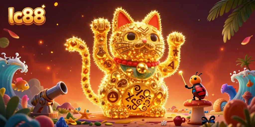 Engage with lc88's captivating fish shooting game featuring vibrant sea creatures and a lucky cat design.