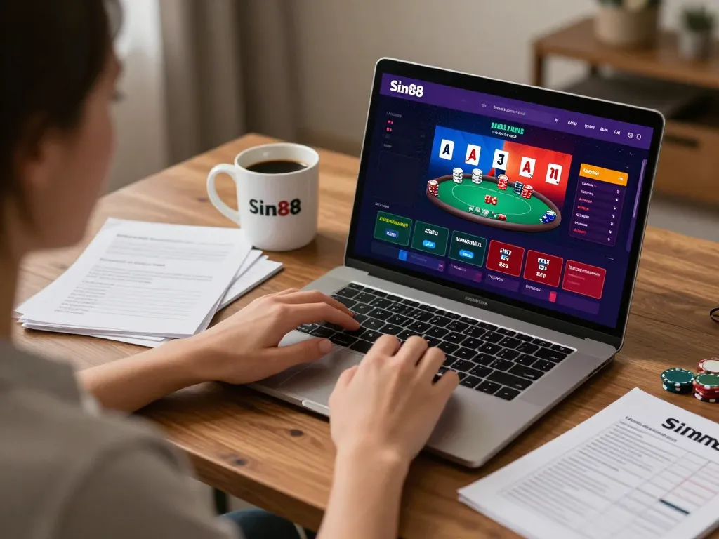 Engaging with the Sin88 betting platform in a cozy online gaming setup.