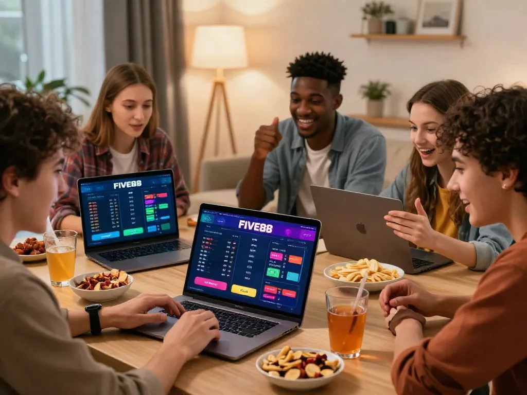 Friends enjoying sports betting on the FIVE88 platform in a cozy setting.