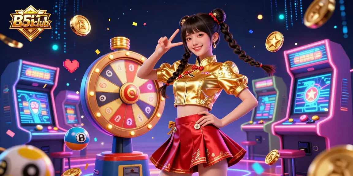 B52club's vibrant gaming atmosphere featuring a cheerful Asian woman with lottery elements, arcade machines, and colorful confetti.
