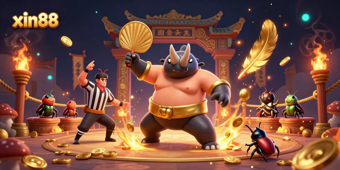 Experience the excitement of xin88 with a vibrant illustration featuring a 3D rhinoceros beetle sumo champion in a dynamic casino arena.