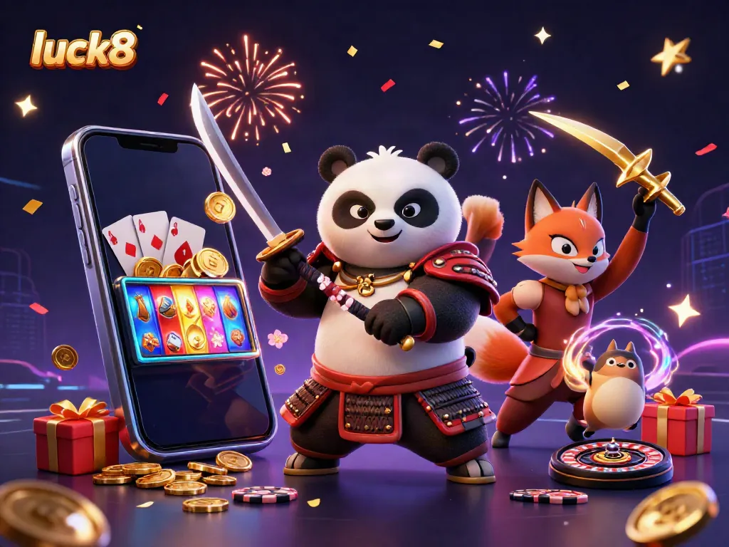 Engage with luck8's thrilling slots through a vibrant 3D illustration featuring dynamic characters and casino elements.