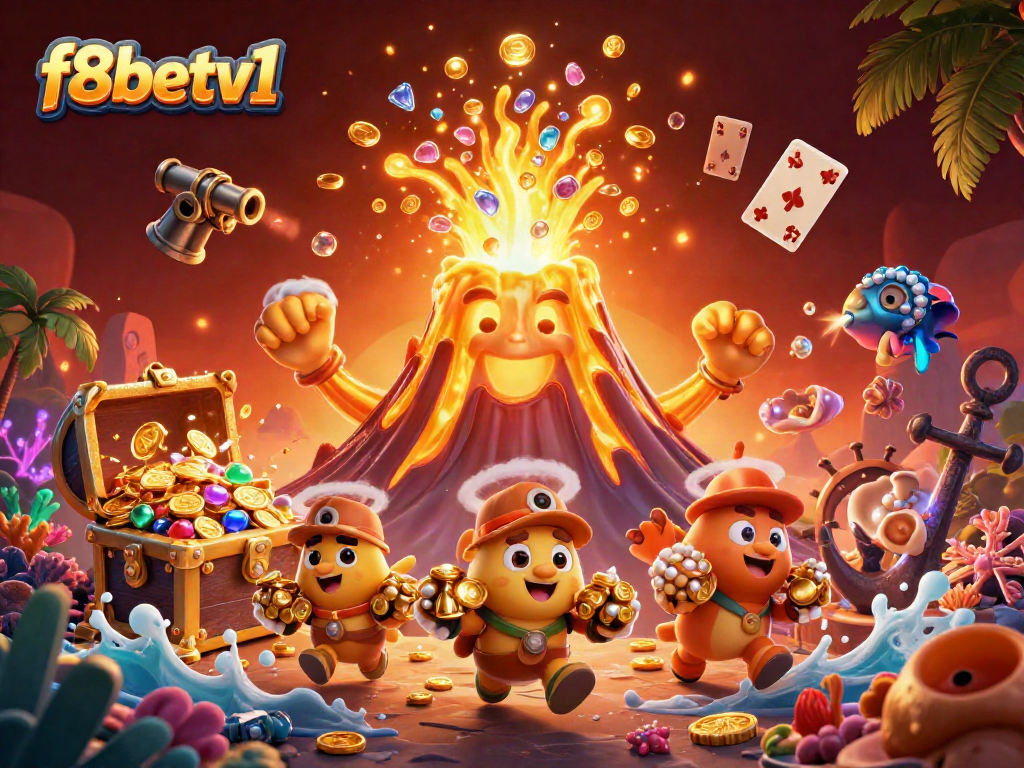 Experience thrilling action at f8betv1 with a golden volcano and treasure hunters in an exciting gaming scene.