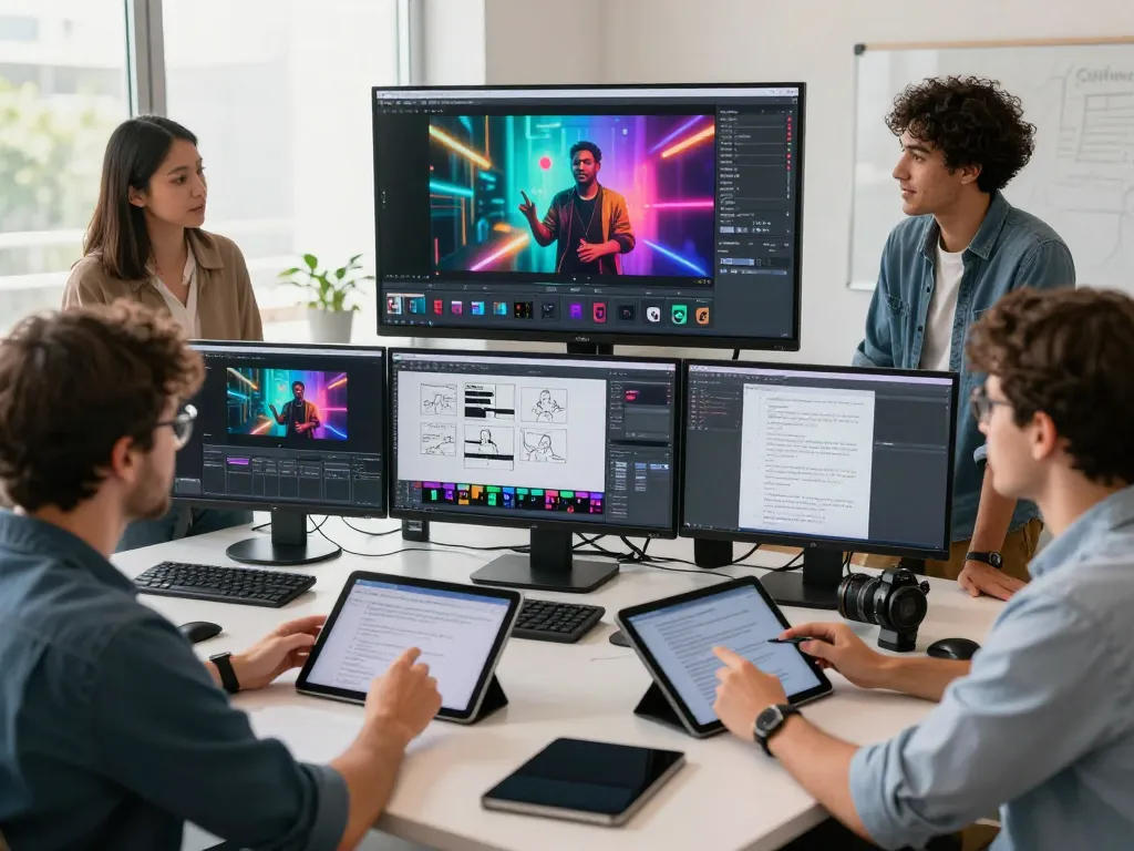 Team of creators using seedance ai in a modern workspace to collaborate on AI-generated video projects.